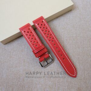 Red rally watch strap - racing leather watch band - Handcraft